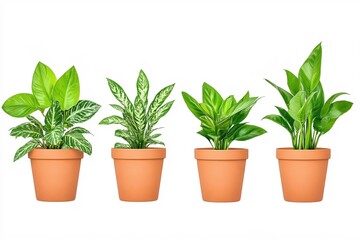 Fototapeta premium Collection of Green Indoor Houseplants in Terracotta Pots Isolated on White Background