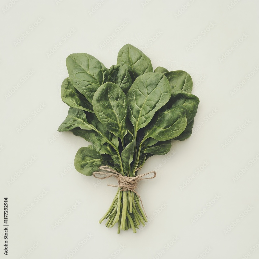 Poster fresh spinach leaves tied with twine ready for cooking or salad preparation on a clean surface