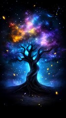 Mystical cosmic tree glowing with vibrant nebula colors. A surreal digital art fantasy.