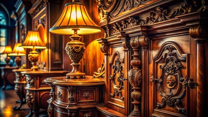 Obraz premium Antique Furniture Night Photography: Dark Wood, Elegant Details