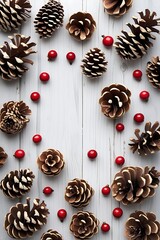 Obraz premium Christmas pine cones and vibrant red berries displayed on a textured white wooden surface