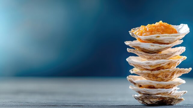 Stack of oysters filled with orange sauce on rustic surface