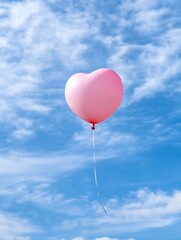 Pink heart-shaped balloon floats in a bright blue sky with fluffy white clouds.