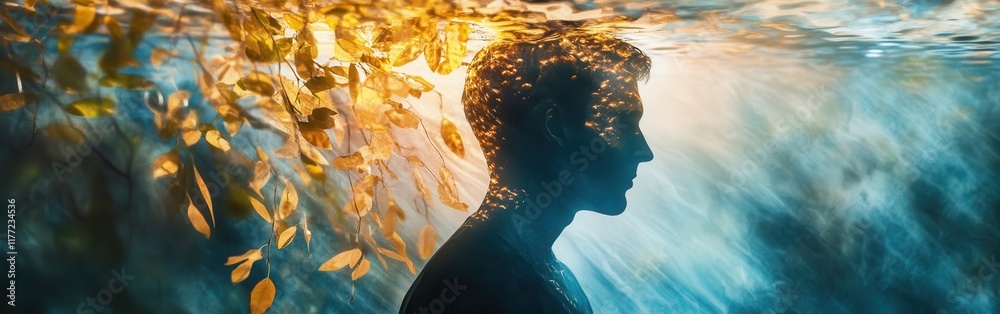 Aufkleber man illuminated by golden leaves and water in a serene underwater setting at twilight