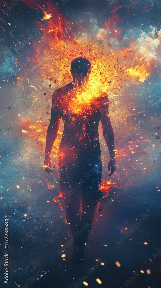 Aufkleber man glows with vibrant energy amidst cosmic explosion in a surreal landscape representing transforma