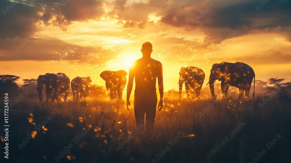 Aufkleber man illuminated by sunlight walking among elephants at sunset in a serene natural setting