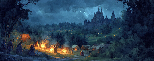 serene encampment of knights with glowing campfires under twilight, surrounded by lush greenery and distant castle. atmosphere evokes sense of adventure and camaraderie