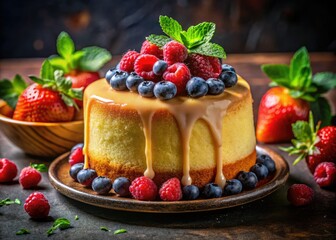 Enjoy this delectable low-light breakfast cake: vanilla, berries, and a luscious glaze.