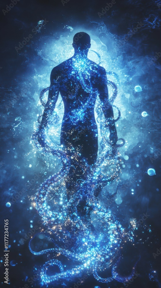 Poster man enveloped in a glowing aura with swirling tendrils against a cosmic backdrop at twilight