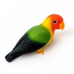Colorful parrot toy with a bright beak lying on a white surface in a playful arrangement