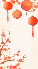 Elegant scroll surrounded by plum blossoms and vibrant lanterns for celebrations
