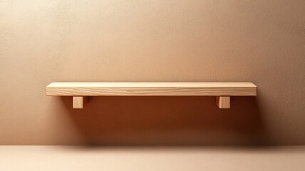 Minimalist wooden shelf mounted on beige wall