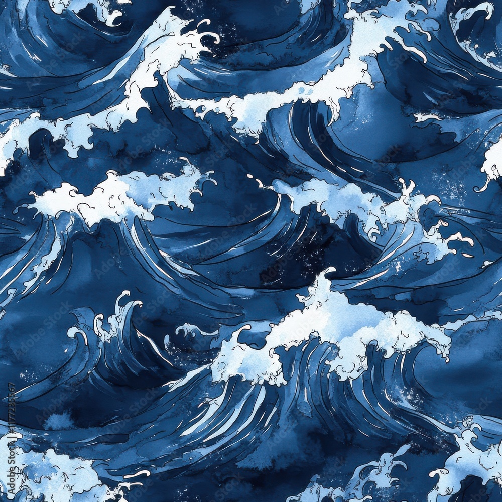 Poster bold doodle cartoon drawing of ocean waves in deep blue watercolor style with dynamic movement and t