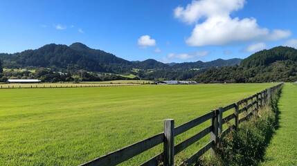 Lush green pasture with wooden fence, rolling hills, and blue sky.