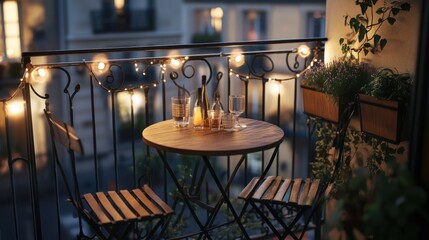 Romantic Parisian balcony setting with bistro table and twinkling lights during evening hours