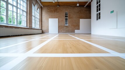 Obraz premium Spacious and bright room with large windows, wooden floor