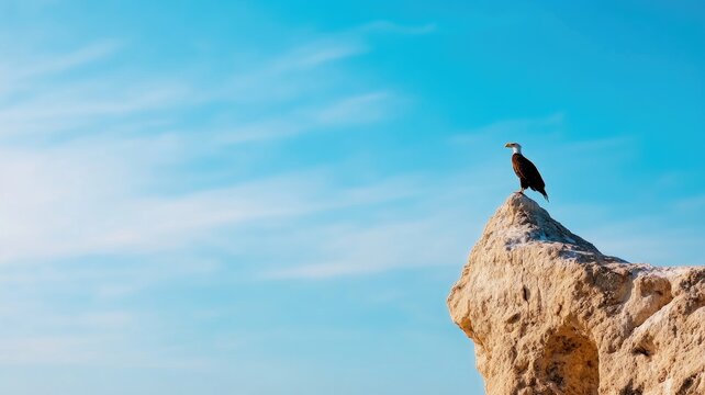 Solitary bird perches on rock against blue sky