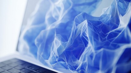 Close up of laptop computer with blue polygonal mesh. Technology, security and web hacking concept. Double exposure