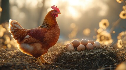 Hen guarding eggs sunrise farm nest