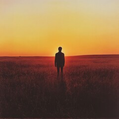 a figure stands silhouetted in a field during sunset