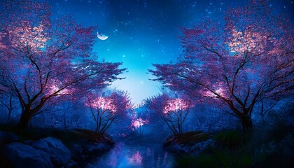 Obraz premium 幻想的な夜桜の風景、青い光のアクセント、美しい配色、綺麗な背景画像 Generated by AI