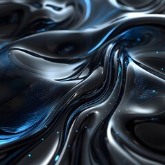 Fototapeta premium Fluid black waves with blue highlights create a mesmerizing abstract design