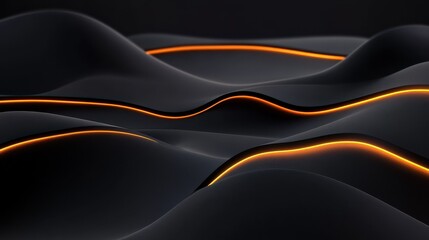 Abstract technological backdrop with glowing waves and geometrical figures and empty space for your logo on dark background. Mockup, 3D rendering