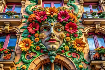 Fototapeta premium Architectural Flower Face Drawing: Intricate Floral Design on Building Facade