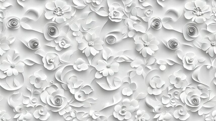 This seamless pattern features light gray paper cutout lace with intricate floral designs and fluid swirls, ideal for crafts and decor SEAMLESS PATTERN