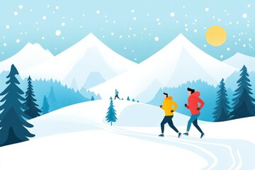 Two Happy Men Running in Bright Winter Apparel in a Snowy Landscape with Majestic Mountains, Evergreen Trees, and a Clear Blue Sky with Snowflakes Falling