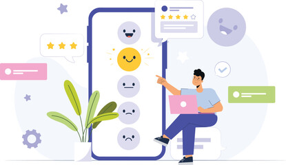 An illustration of an interactive feedback concept, featuring a user interface with clickable rating stars, sliders, and comment sections