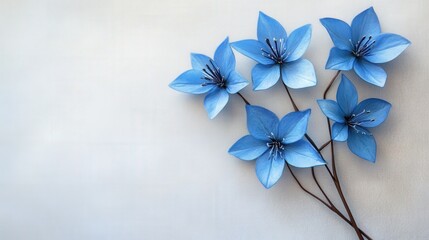 five blue paper flowers on a light background
