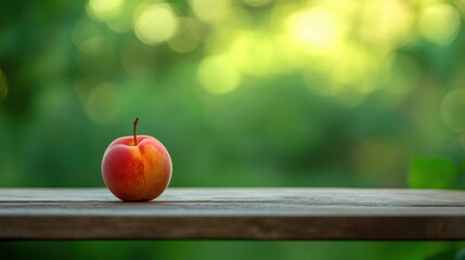 a single peach on a wooden table with a blurred green background