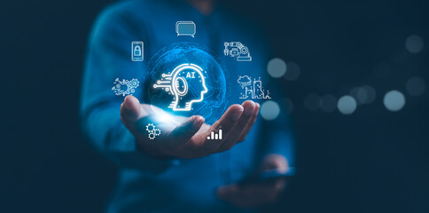 Ai, concept of artificial intelligence. Analytic, automation, machine learning and an autonomous brain. Big data management, computer connection information intelligence technology, Automated robotic.