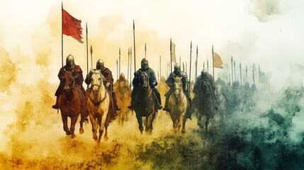 Naklejka premium Medieval knights in procession, riding horses through mist, evoke sense of adventure and history. Their banners flutter as they advance, creating dramatic scene