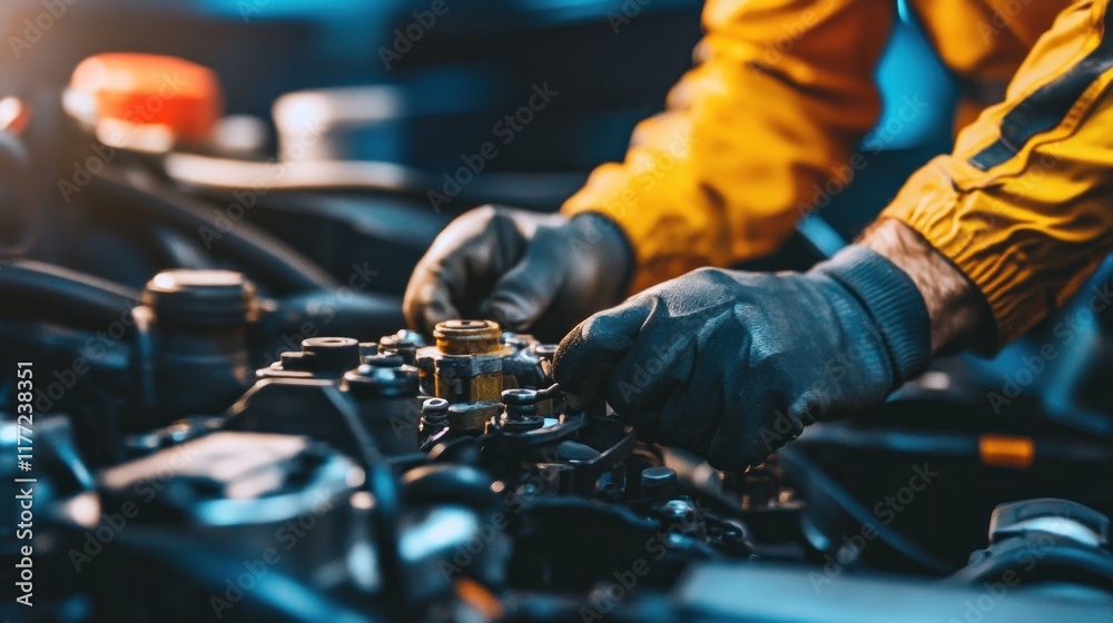 Fototapete a mechanic working on an engine, adjusting components with precision.