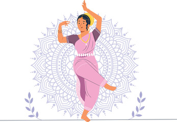 An illustration of traditional Indian dance, showcasing dancers in vibrant costumes performing classical poses, with intricate details and cultural symbols, designed for cultural project themes.
