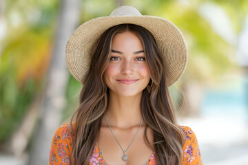 young woman with long hair wearing straw hat and floral dress, smiling in tropical setting. warm sunlight enhances her joyful expression and vibrant colors around her