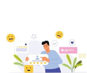 An illustration of the user feedback and rating process, featuring a digital interface with customers providing ratings, leaving reviews, and sharing feedback