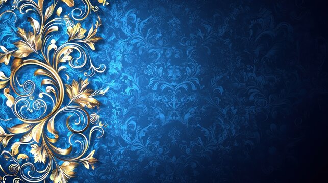 Gold floral border on blue damask background, spotlight center, ideal for invitations or announcements