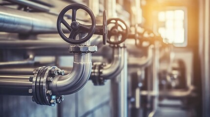 Fototapeta premium Industrial Pipes with Valves in a Factory Setting Showing Modern Engineering