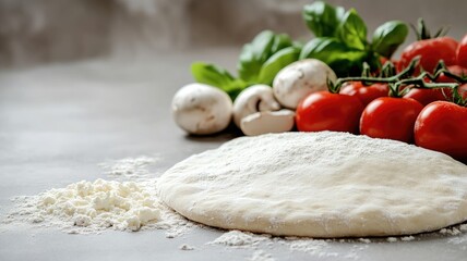 Fototapeta premium Fresh pizza dough with flour, tomatoes, mushrooms, and basil leaves