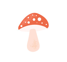 Cartoon fly agaric mushroom, red amanita muscaria. Poisonous fall or autumn forest mushroom. Hand drawn vector illustration isolated on white background. Flat cartoon style element for icon, sticker