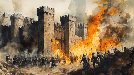 dramatic castle siege scene with knights breaching gates, torches illuminating chaos, and flames engulfing fortress. atmosphere is intense and filled with action