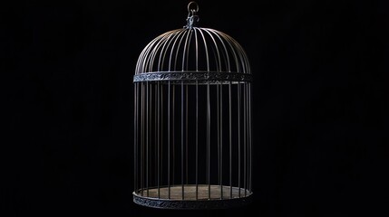 A metal birdcage with a dome shape, set against a dark background.