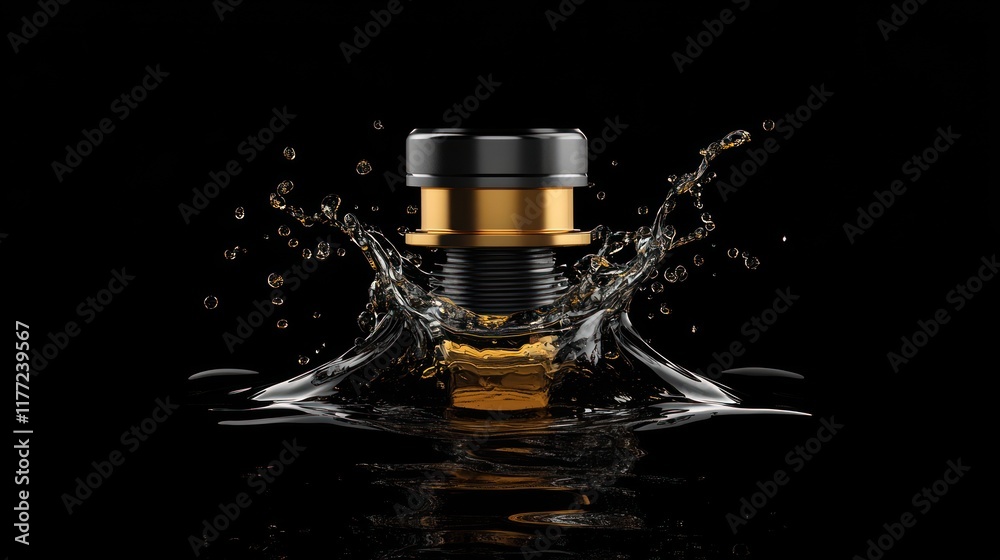 Poster a metal component splashes into water, showcasing design and fluid dynamics.