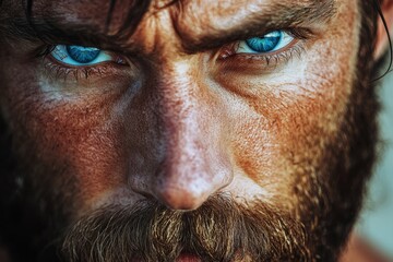 a close up shot of a man's face with blue eyes