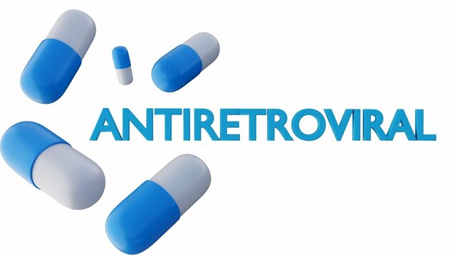 A 3d rendering of word "ANTIRETROVIRAL (ARV)" surrounded by capsules, representing medication used in antiretroviral therapy.