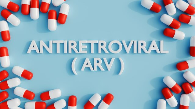 A 3d rendering of word "ANTIRETROVIRAL (ARV)" surrounded by capsules, representing medication used in antiretroviral therapy.