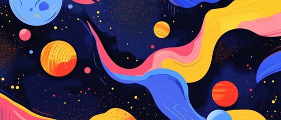 colorful planets and abstract shapes on a dark space background
